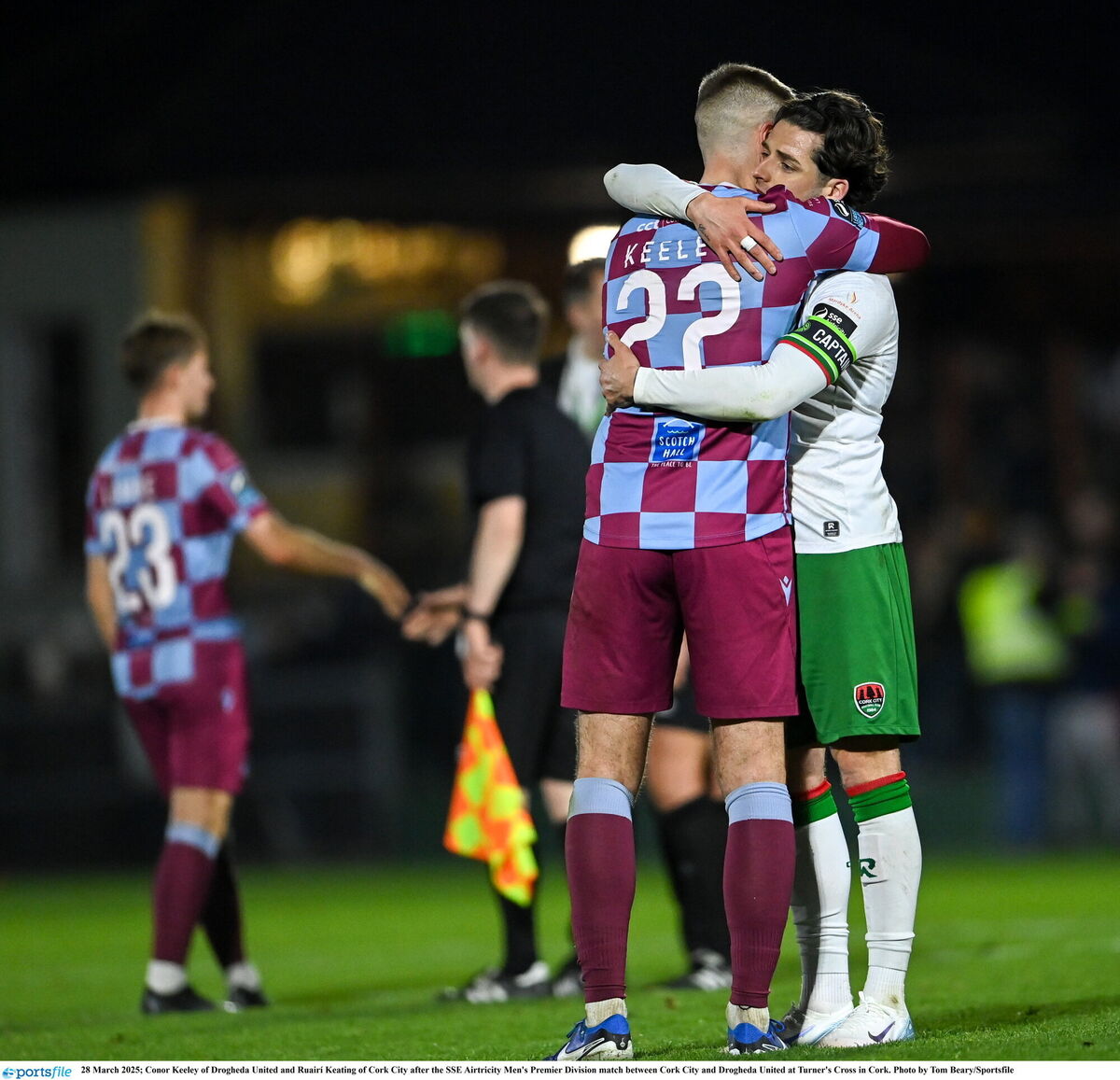 Conor Keeley of Drogheda United and Ruairí Keating of Cork City after the match. Picture: Tom Beary/Sportsfile