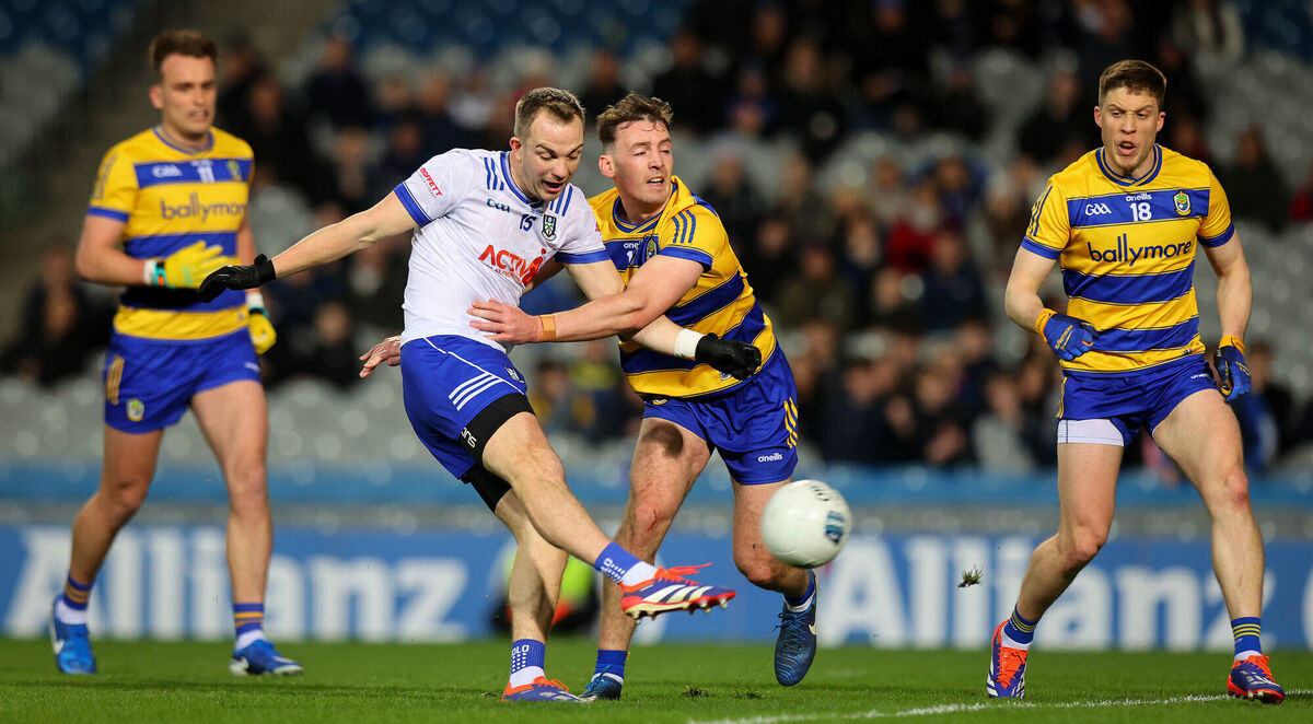 Monaghan’s Jack McCarron scores the first goal of the game against Roscommon. Picture: INPHO/Ryan Byrne