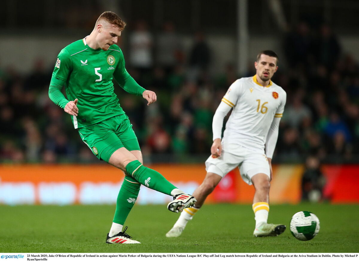 Jake O'Brien of Republic of Ireland in action against Marin Petkov of Bulgaria. Picture: Michael P Ryan/Sportsfile