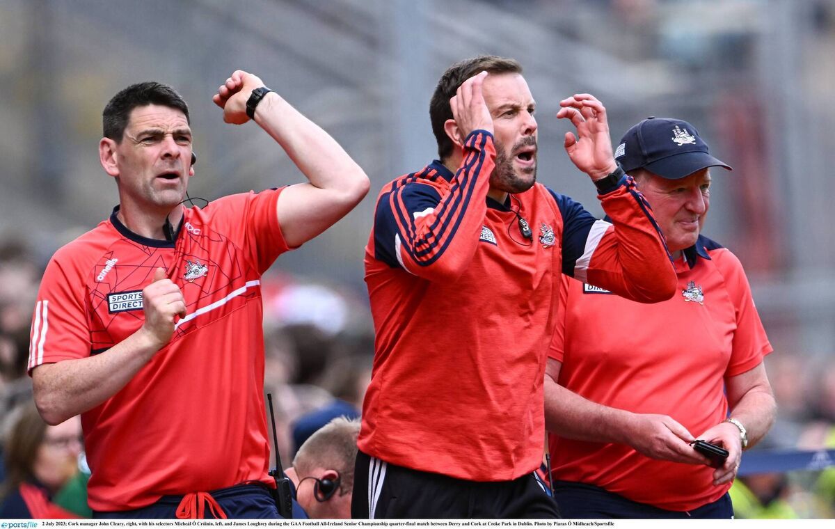 Cork manager John Cleary, right, with his selectors Micheál Ó Cróinín, left, and James Loughrey in 2023. Picture: Piaras Ó Mídheach/Sportsfile Cork manager John Cleary, right, with his selectors Micheál Ó Cróinín, left, and James Loughrey in 2023. Picture: Piaras Ó Mídheach/Sportsfile