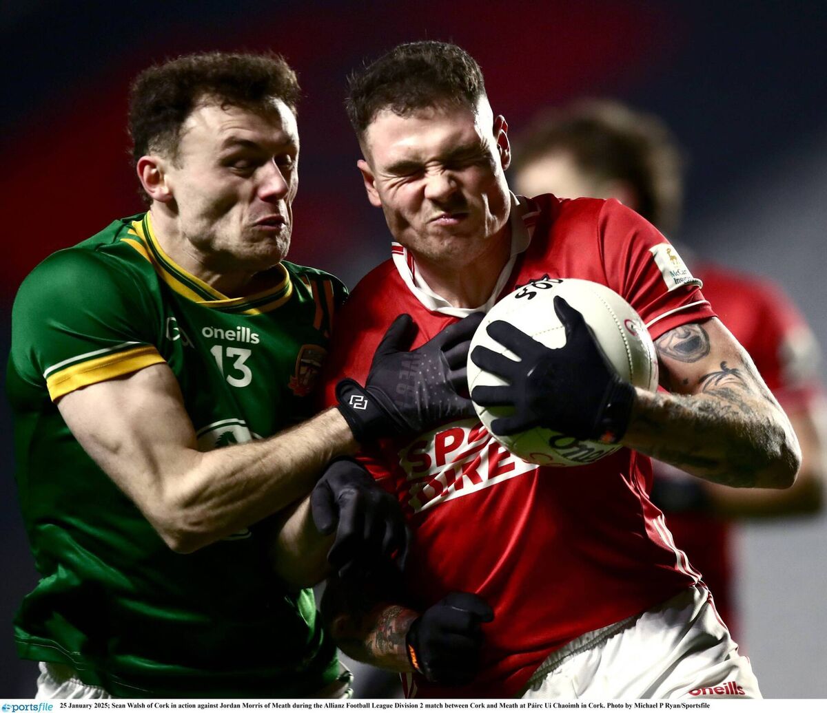 Cork's Seán Walsh under pressure from Meath's Jordan Morris. Picture: Michael P Ryan/Sportsfile Cork's Seán Walsh under pressure from Meath's Jordan Morris. Picture: Michael P Ryan/Sportsfile