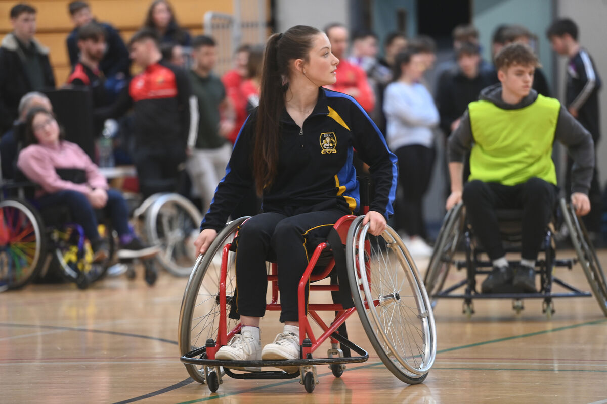  Student from Edmund Rice College, Carrigaline at the Wheelchair Basketball4All event for transition year students at Mardyke Arena, UCC on Thursday 13th March 2025. The event is in collaboration with the B.Ed. Physical Education, Sports Studies and Arts programme in University College Cork and Irish Wheelchair Association Sport, UCC Sport and the Mardyke Arena. Pic Larry Cummins