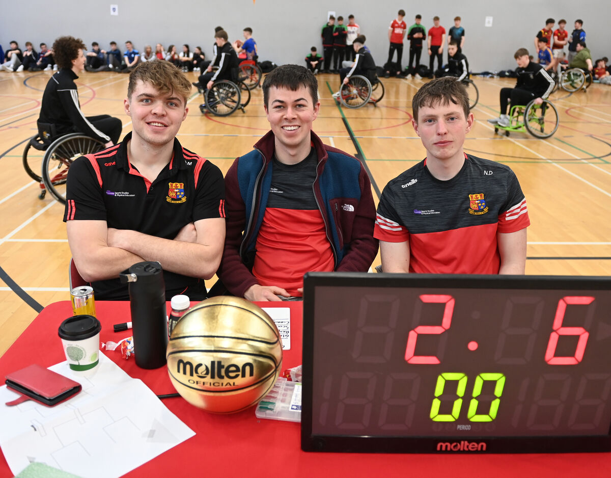  B.Ed. Physical Education, Sports Studies and Arts students Tadc (TADC) O'Mahony, Joe Flynn and Nathan helping out at the Wheelchair Basketball4All event for transition year students at Mardyke Arena, UCC on Thursday 13th March 2025. The event is in collaboration with the B.Ed. Physical Education, Sports Studies and Arts programme in University College Cork and Irish Wheelchair Association Sport, UCC Sport and the Mardyke Arena. Pic Larry Cummins