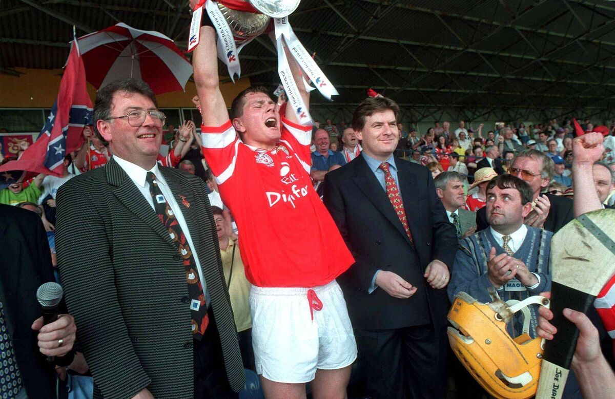 Cork captain Diarmuid O'Sullivan lifts the cup after the 1998 National Hurling League final win over Waterford in Thurles. Picture: Ray McManus/Sportsfile