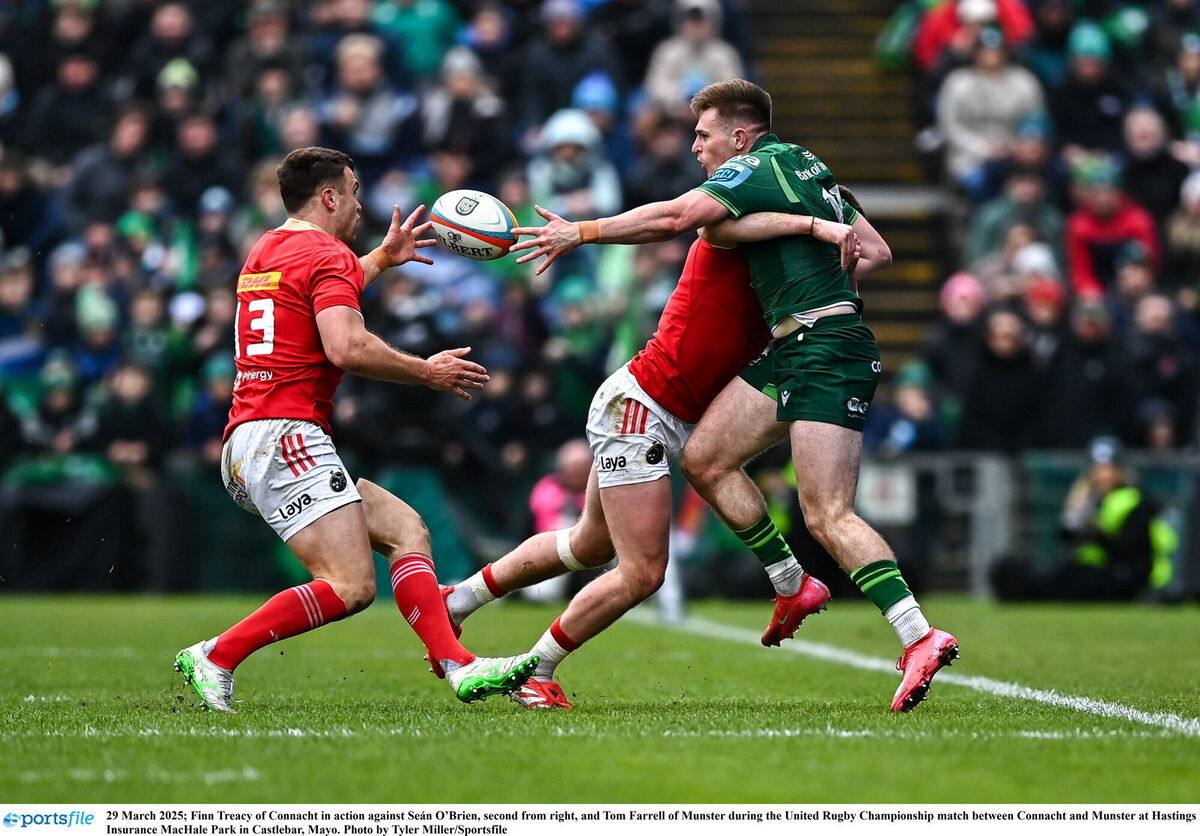Finn Treacy of Connacht in action against Seán O’Brien, second from right, and Tom Farrell of Munster during the United Rugby Championship match between Connacht and Munster at Hastings Insurance MacHale Park in Castlebar, Mayo. Photo by Tyler Miller/Sportsfile