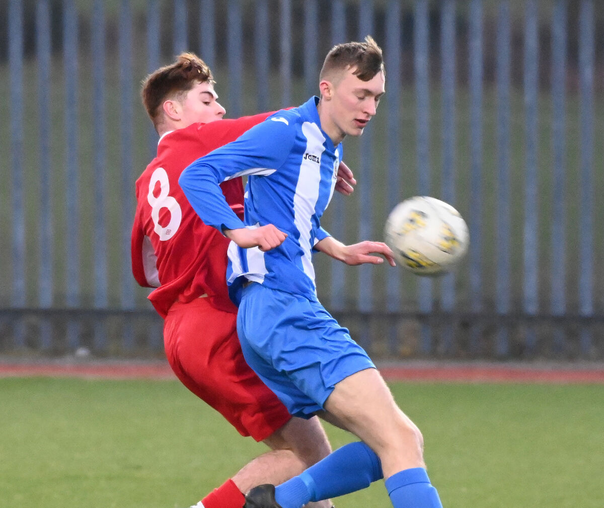 Cork Youth league's Evan Cummins and Limerick' Desmond league's Dylan Browne tussle for the ball during the FAI Youth Inter league cup at Mayfield. Picture: Eddie O'Hare