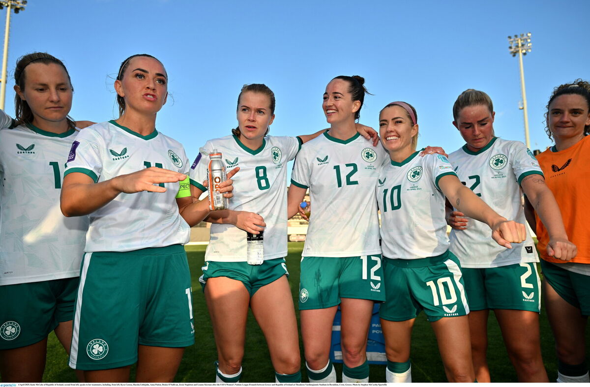Katie McCabe of Republic of Ireland, second from left, speaks to her teammates, including Kyra Carusa, Ruesha Littlejohn, Anna Patten, Denise O’Sullivan, Jessie Stapleton and Leanne Kiernan. Picture: Stephen McCarthy/Sportsfile