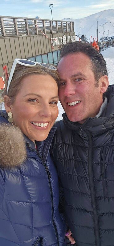 Emily and Chris O'Donoghue on a ski holiday in France in February of 2025.