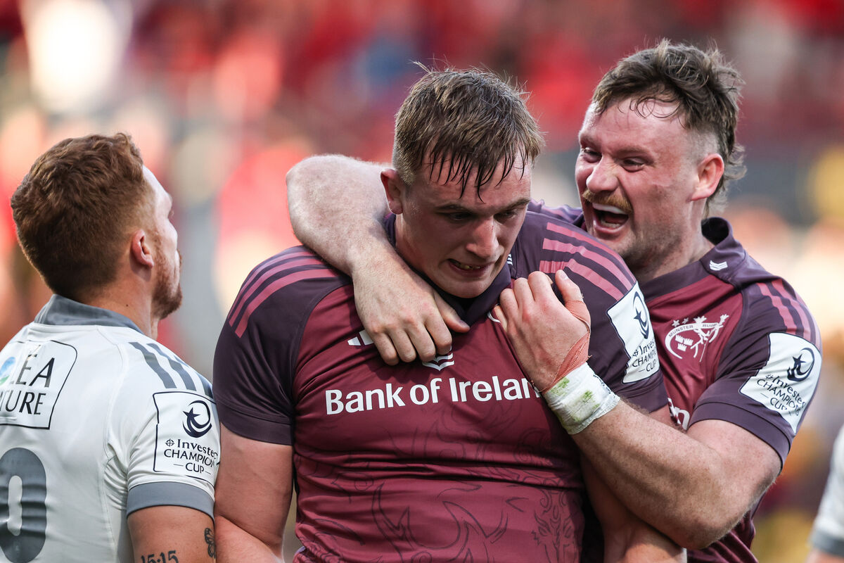 Munster's Gavin Coombes and Sean O'Brien celebrate a try. Picture: INPHO/Ben Brady Munster's Gavin Coombes and Sean O'Brien celebrate a try. Picture: INPHO/Ben Brady