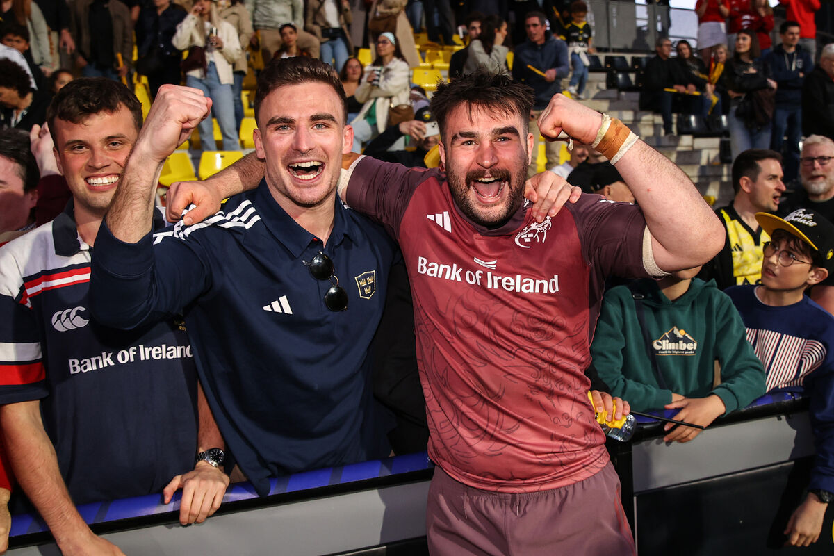Munster's Shane Daly celebrates after the game with John Hodnett in France. Picture: INPHO/Ben Brady Munster's Shane Daly celebrates after the game with John Hodnett in France. Picture: INPHO/Ben Brady