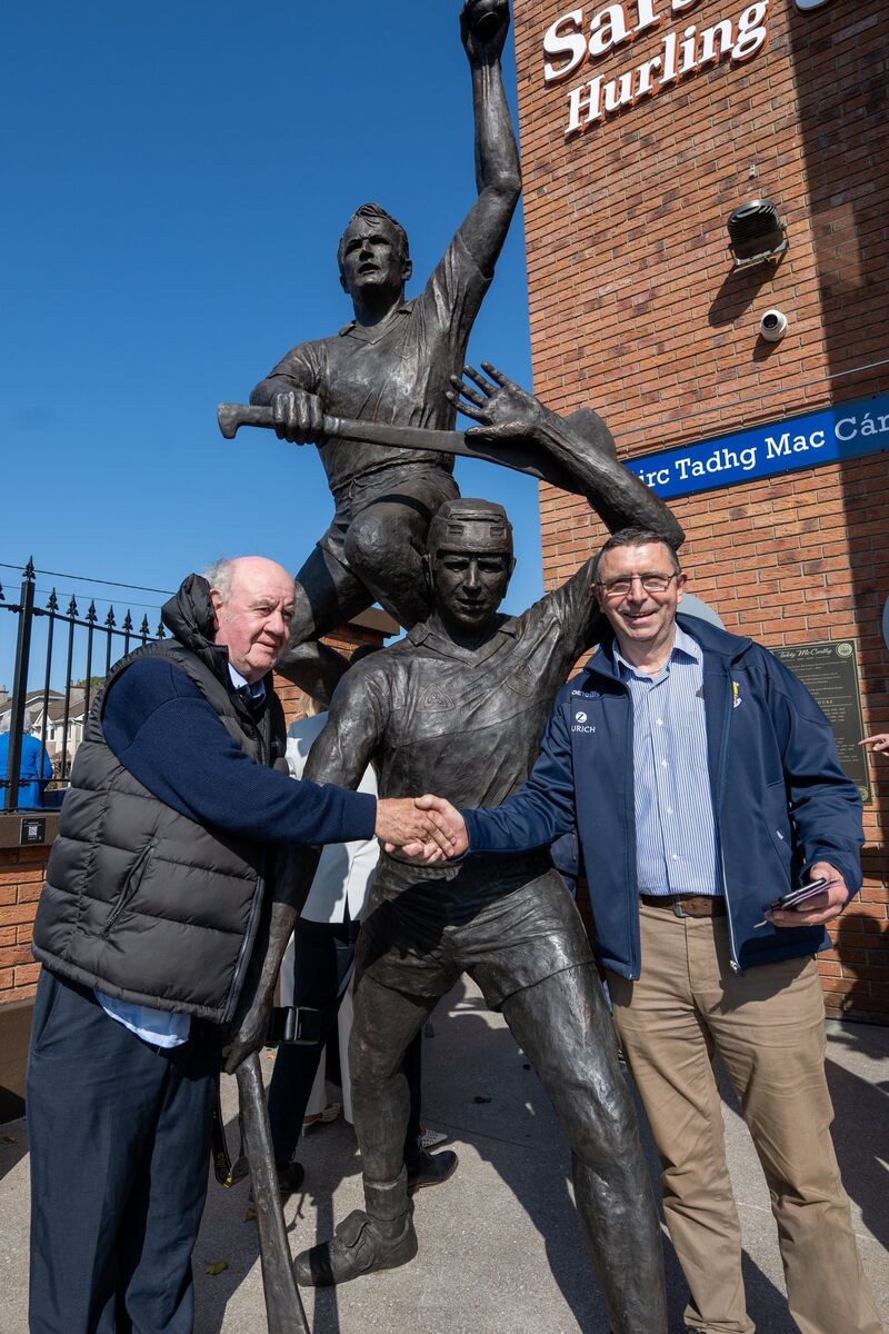 George Hatchell - a Wexford native long ensconced in Cork - and former Wexford hurler Larry O'Gorman, who features as part of the Teddy McCarthy statue. Picture: Chani Anderson George Hatchell - a Wexford native long ensconced in Cork - and former Wexford hurler Larry O'Gorman, who features as part of the Teddy McCarthy statue. Picture: Chani Anderson