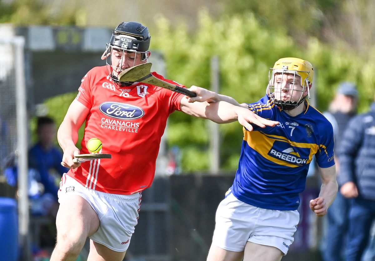 Charleville's Zach Biggane is challenged by Carrigtwohill's Matthew Barrett, during their Senior Hurling League clash at Carrigtwohill. Picture: David Keane. Charleville's Zach Biggane is challenged by Carrigtwohill's Matthew Barrett, during their Senior Hurling League clash at Carrigtwohill. Picture: David Keane.