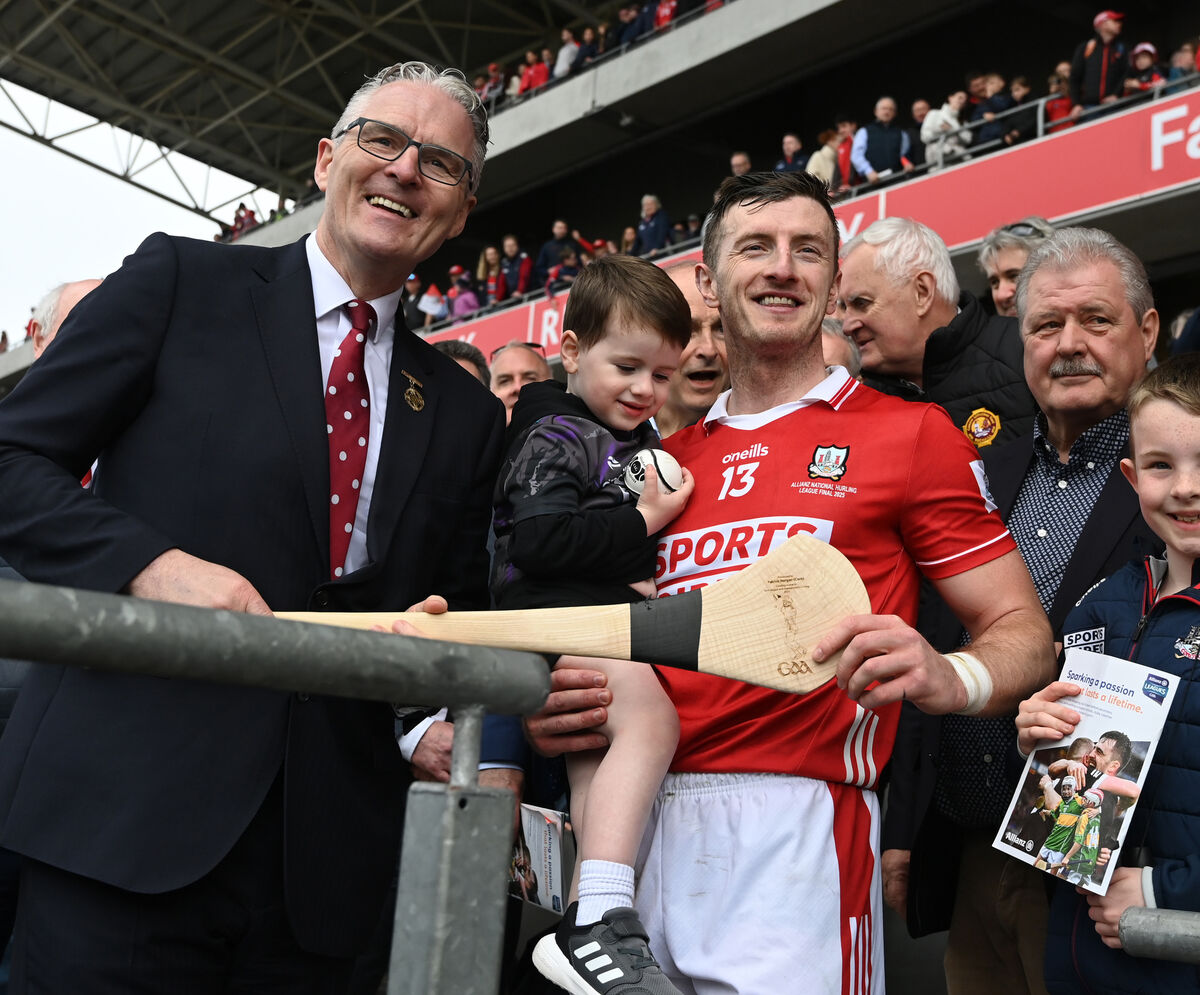 GAA president Jarlath Burns making a presentation to Cork's Patrick Horgan with his son Jack after defeating Tipparary in the Allianz Hurling league final division 1A at SuperValu Páirc Uí Chaoimh. Picture: Eddie O'Hare GAA president Jarlath Burns making a presentation to Cork's Patrick Horgan with his son Jack after defeating Tipparary in the Allianz Hurling league final division 1A at SuperValu Páirc Uí Chaoimh. Picture: Eddie O'Hare