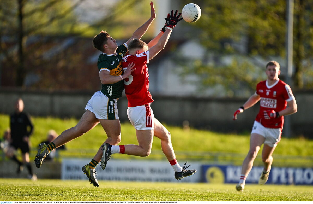 Cork's Dara Sheedy is tackled by Cian Lynch of Kerry during the Munster U20 football championship final last year. Sheedy is injured for this evening's game. Picture: Brendan Moran/Sportsfile