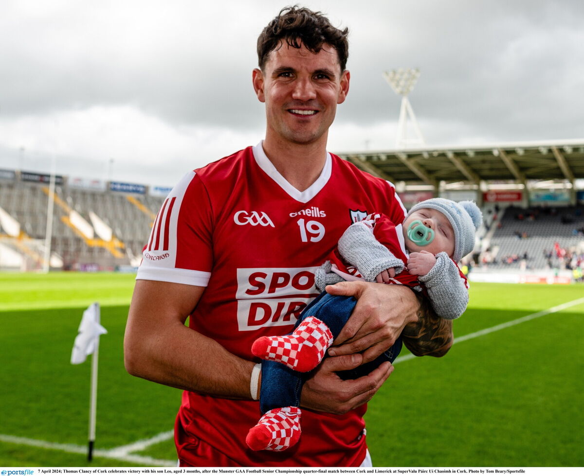 Thomas Clancy of Cork celebrates victory with his son Leo after overcoming Limerick last year. Picture: Tom Beary/Sportsfile