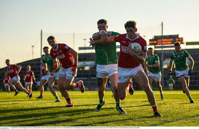 Colm O'Callaghan of Cork is tackled by Iain Corbett of Limerick last Saturday. Picture: Tom Beary/Sportsfile