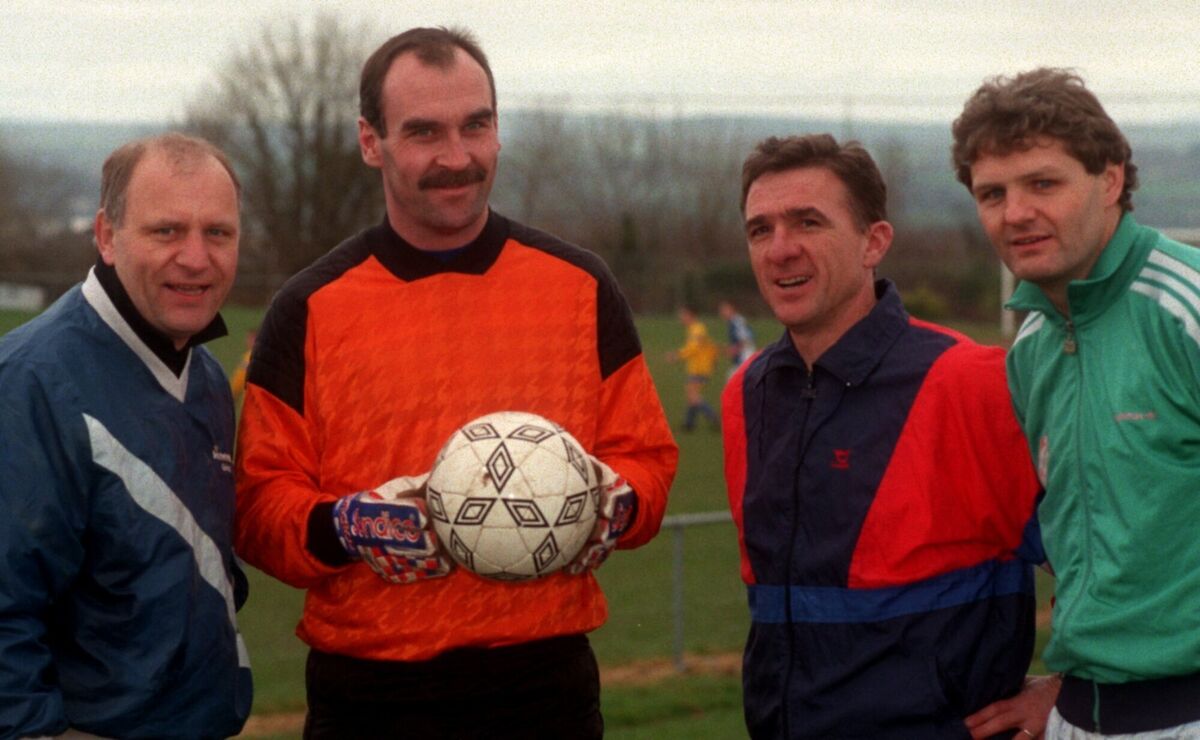 College Corinthians captain and goalkeeper Don Bevan with (from left) Gerry McAnaney, goalkeeping coach; Fergus McDaid, manager and Kieran Moran, coach at training for next Sunday's F.A.I. Intermediate Cup Final. Picture Denis Minihane.