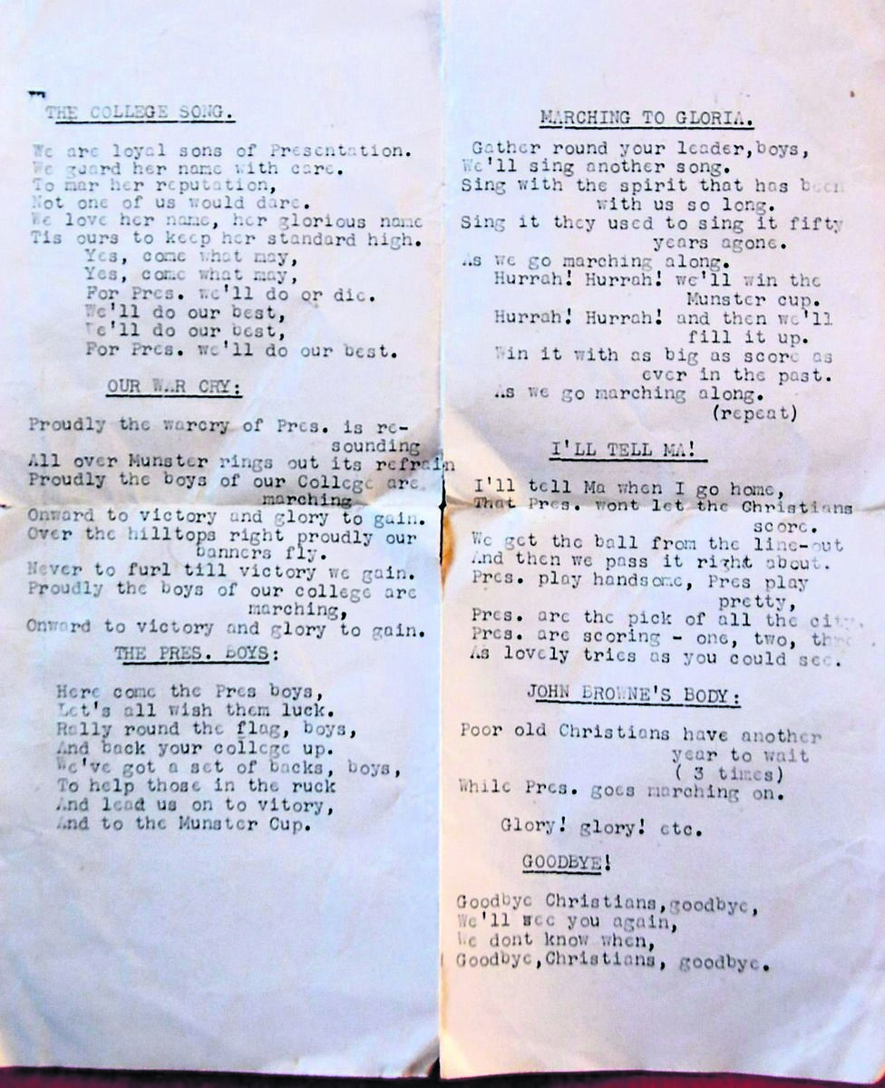 A song sheet for the Pres fans when they cheered on their team at rugby against Christians A song sheet for the Pres fans when they cheered on their team at rugby against Christians