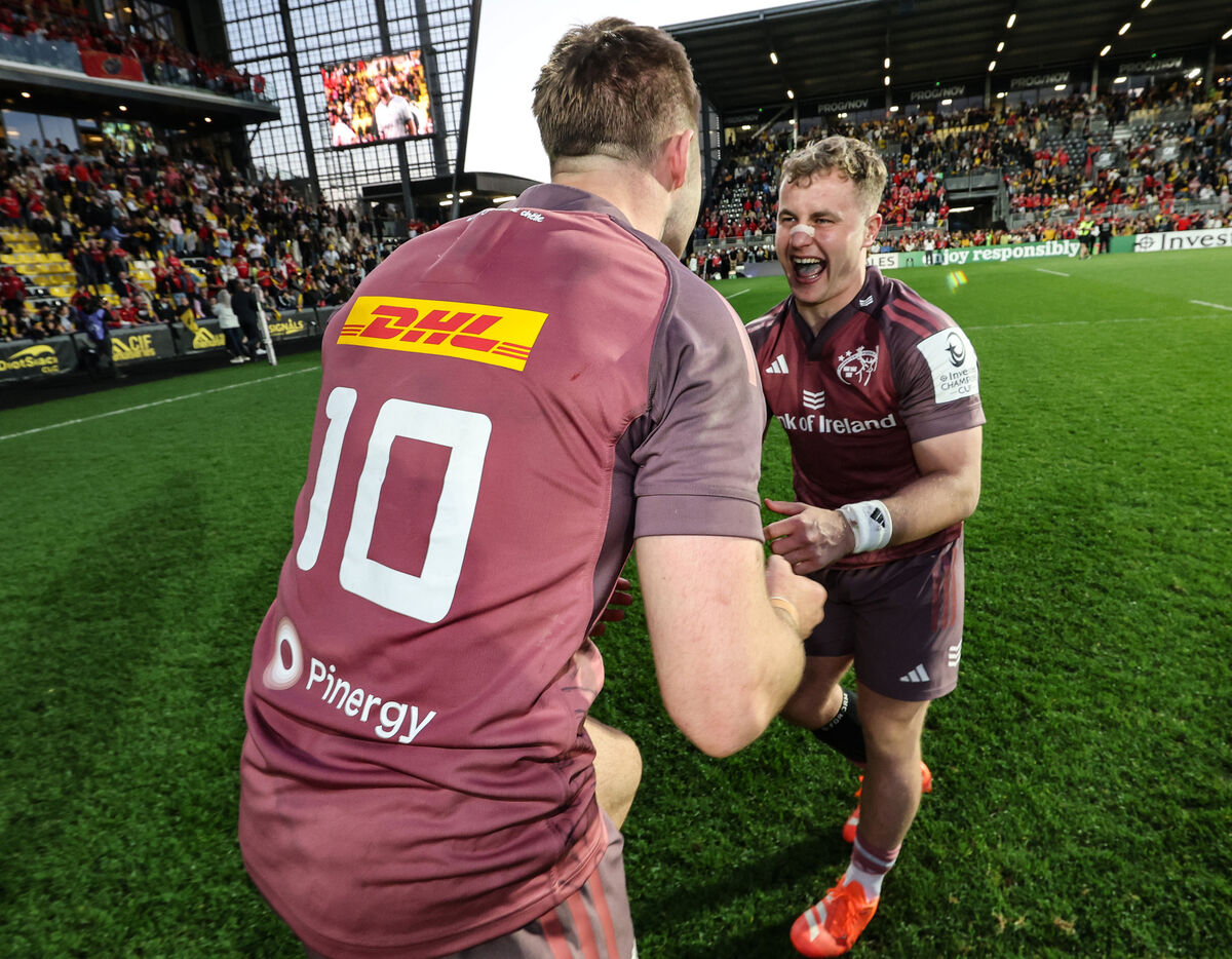 Munster's Jack Crowley and Craig Casey celebrate winning the match last weekend. Picture: INPHO/Billy Stickland