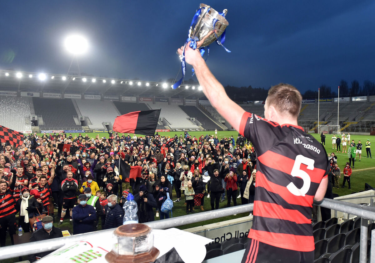 Newmarket captain TJ Brosnan raises the trophy after defeating Kanturk in the PIFC final in 2021. Picture: Eddie O'Hare Newmarket captain TJ Brosnan raises the trophy after defeating Kanturk in the PIFC final in 2021. Picture: Eddie O'Hare