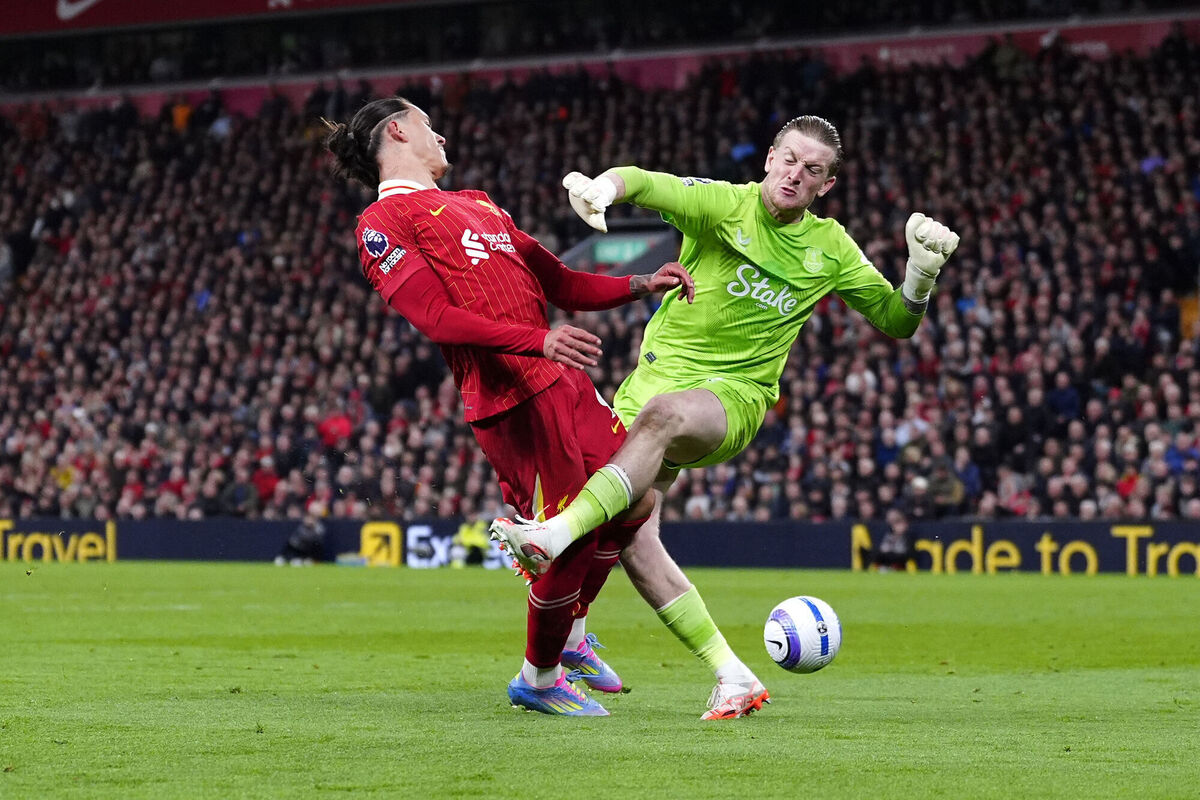 Liverpool's Darwin Nunez (left) and Everton goalkeeper Jordan Pickford collide during their Premier League match at Anfield, Liverpool. Picture: Peter Byrne/PA Wire Liverpool's Darwin Nunez (left) and Everton goalkeeper Jordan Pickford collide during their Premier League match at Anfield, Liverpool. Picture: Peter Byrne/PA Wire