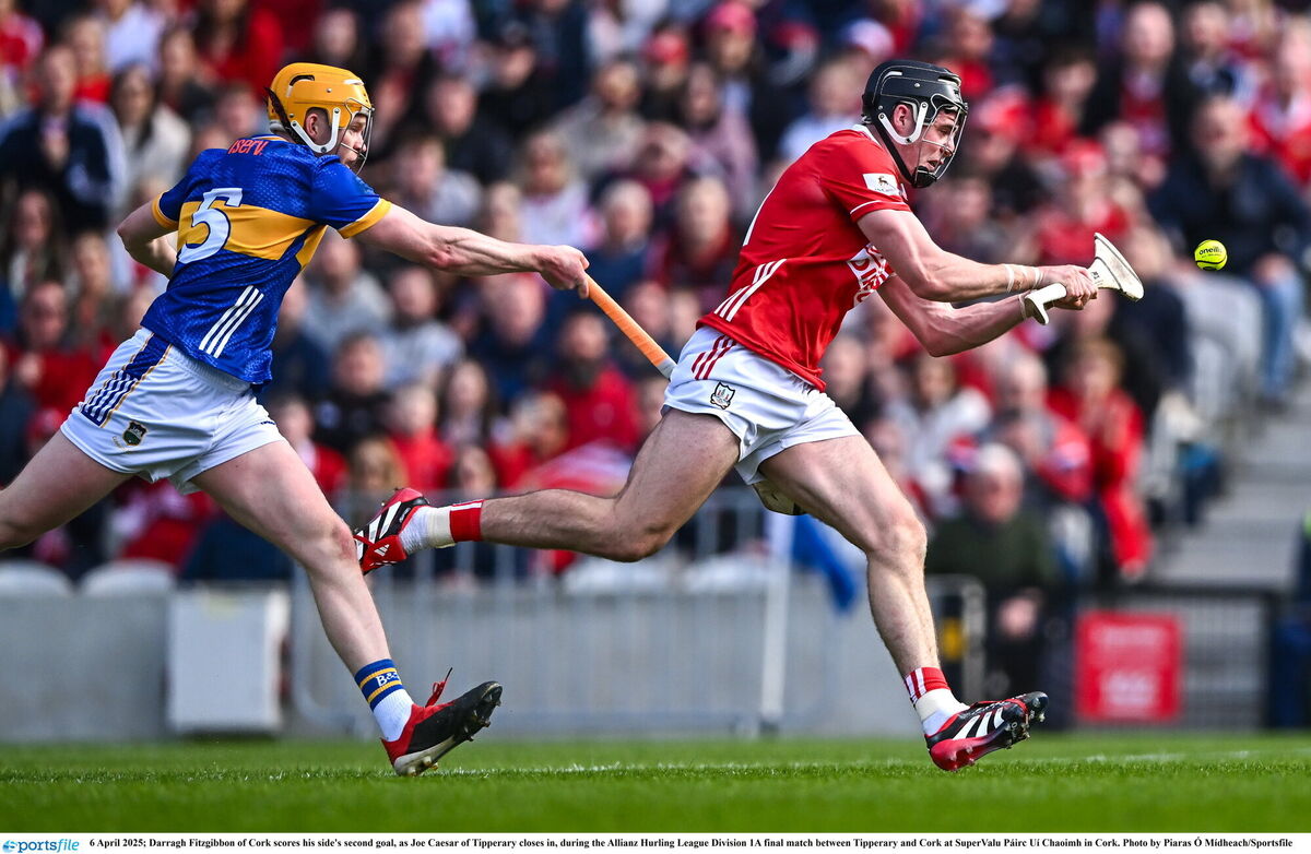 Darragh Fitzgibbon hits the net as Joe Caesar of Tipperary closes in. Picture: Piaras Ó Mídheach/Sportsfile