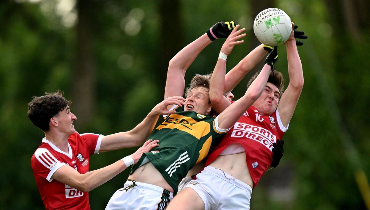 Danny Miskella rises high for Cork against Kerry. Picture: Brendan Moran/Sportsfile