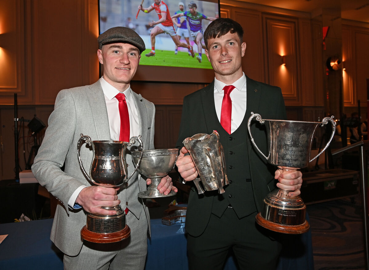 Seán Desmond captain and Adam Murphy with the four trophies that the club won during the 2024-25 season. Picture: Eddie O'Hare Seán Desmond captain and Adam Murphy with the four trophies that the club won during the 2024-25 season. Picture: Eddie O'Hare