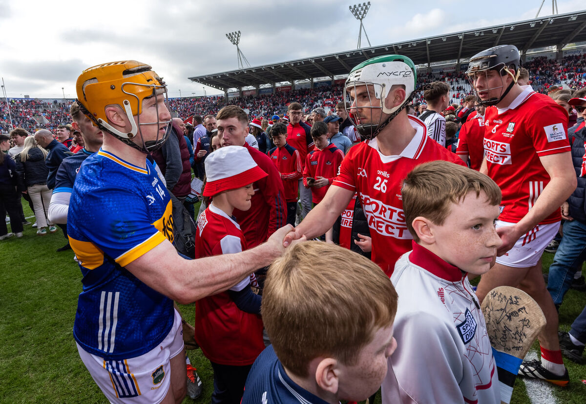 Cork's Shane Kingston shakes hands with Jake Morris of Tipperary after the Allianz HL Division 1 final at SuperValu Páirc Uí Chaoimh. Picture:Inpho/James Crombie