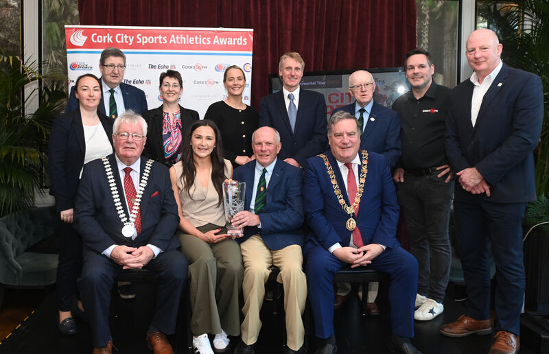 Olympian Phil Healy of Bandon AC is the Cork City Sports Athlete of the Year for 2024, announced at The River Lee Hotel on Friday 11th April 2025.. (front row) PIctured is Ray Shanahan, Chairperson, Cork City Sports, making the presentation to Phil Healy, with County Cllr Joe Carroll, Mayor of the County of Cork and Lord Mayor Cllr Dan Boyle with (rear l to r) Megan Coleman of sponsors The River Lee Hotel, Terry O'Rourke, Cork City Sports, Siobhan O'Sullivan, Quality Print, Nicola Cullinane, The Echo, George Duggan of Cork Crystal, Tony O'Connell, Cork City Sports, Ken Perrott, 96FM & C103 and Hamish Adams, CEO, Athletics Ireland at the awards luncheon. Picture Larry Cummins Olympian Phil Healy of Bandon AC is the Cork City Sports Athlete of the Year for 2024, announced at The River Lee Hotel on Friday 11th April 2025.. (front row) PIctured is Ray Shanahan, Chairperson, Cork City Sports, making the presentation to Phil Healy, with County Cllr Joe Carroll, Mayor of the County of Cork and Lord Mayor Cllr Dan Boyle with (rear l to r) Megan Coleman of sponsors The River Lee Hotel, Terry O'Rourke, Cork City Sports, Siobhan O'Sullivan, Quality Print, Nicola Cullinane, The Echo, George Duggan of Cork Crystal, Tony O'Connell, Cork City Sports, Ken Perrott, 96FM & C103 and Hamish Adams, CEO, Athletics Ireland at the awards luncheon. Picture Larry Cummins