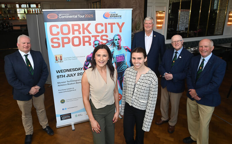 (front row) Athletes Phil Healy and Louise Shanahan will compete at the Cork City Sports on Wednesday 9th July 2025 at MTU Athletics Stadium. (Rear l to r) Organising committee members Donal Murnane, Mark Walk, Tony O'Connell and Ray Shanahan, Chairperson, Cork City Sports. at the awards luncheon. Olympian Phil Healy of Bandon AC is the Cork City Sports Athlete of the Year for 2024, announced at The River Lee Hotel on Friday 11th April 2025.. Picture : Larry Cummins (front row) Athletes Phil Healy and Louise Shanahan will compete at the Cork City Sports on Wednesday 9th July 2025 at MTU Athletics Stadium. (Rear l to r) Organising committee members Donal Murnane, Mark Walk, Tony O'Connell and Ray Shanahan, Chairperson, Cork City Sports. at the awards luncheon. Olympian Phil Healy of Bandon AC is the Cork City Sports Athlete of the Year for 2024, announced at The River Lee Hotel on Friday 11th April 2025.. Picture : Larry Cummins