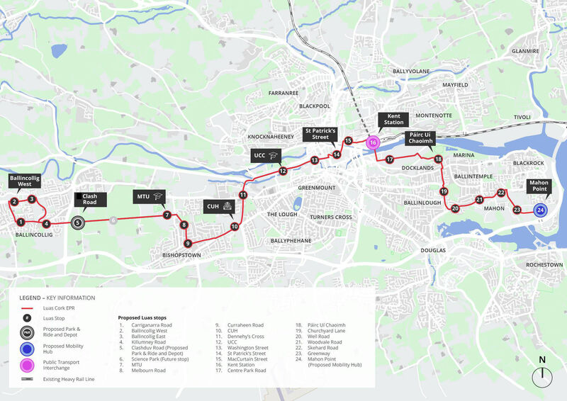 Map Showing the Emerging Preferred Route of the 18km Cork Luas Route Linking Ballincolig to Mahon Point.