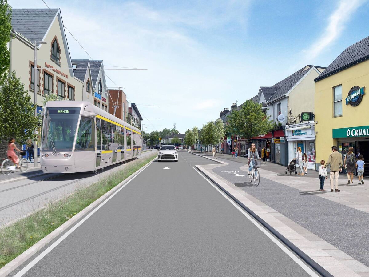 A computer generated image of a Cork Luas tram on Main Street, Ballincollig. A computer generated image of a Cork Luas tram on Main Street, Ballincollig.