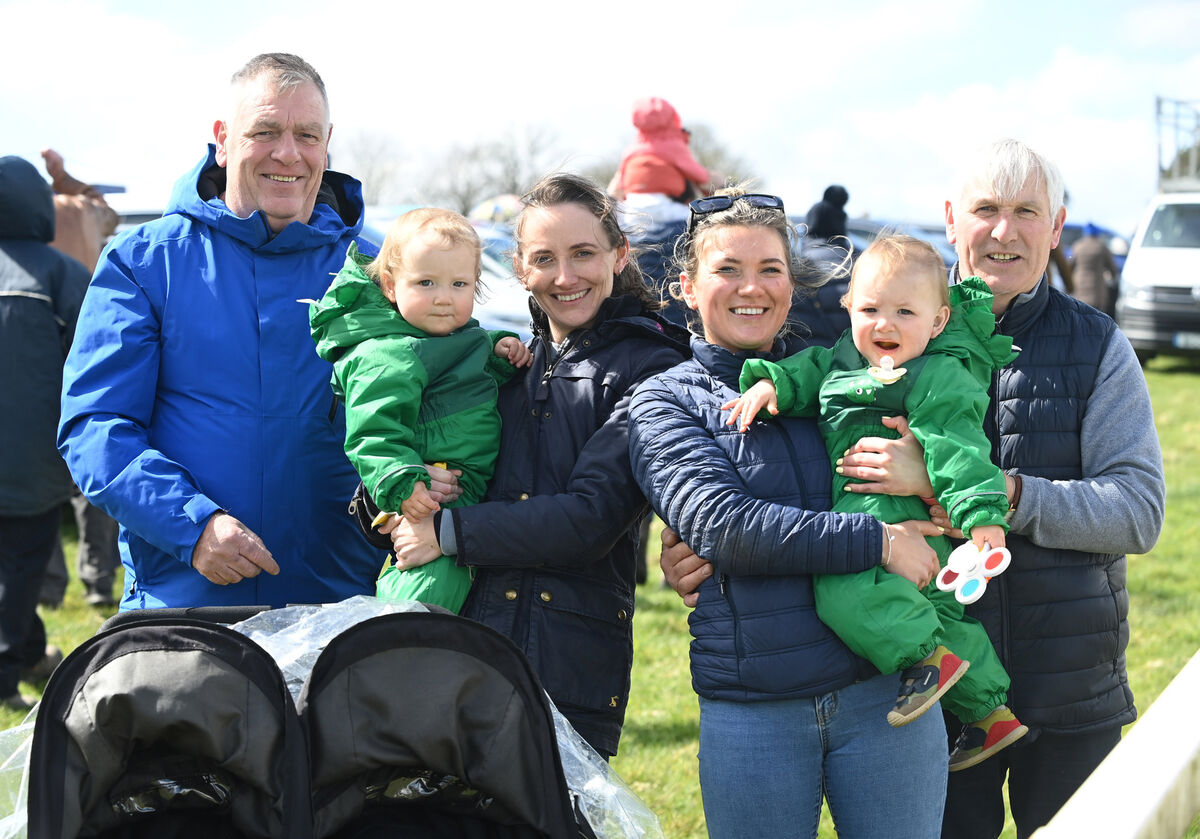 Twins Fin and Harry King with their mother Aine, aunt Fionnuala Gleeson and two grandfathers Willie Gleeson and Sean King at Killeady Hunt Point to Point. Picture: Eddie O'Hare