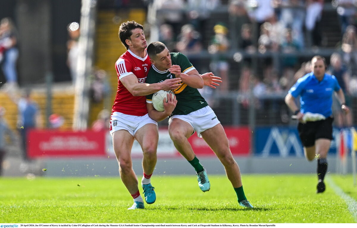Joe O'Connor of Kerry is tackled by Colm O'Callaghan of Cork 12 months ago. Picture: Brendan Moran/Sportsfile