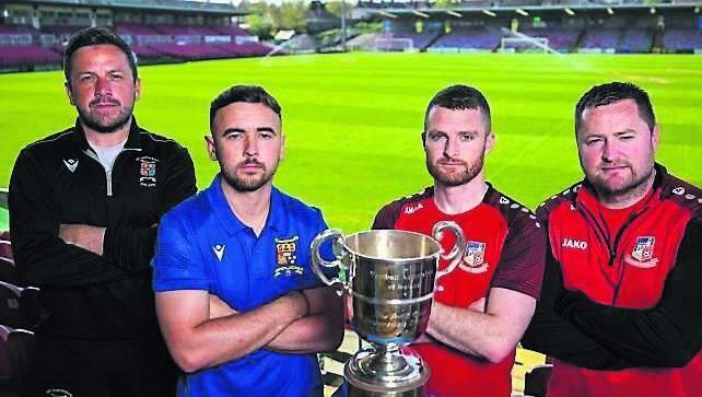 College Corinthians manager Gary Hackett and captain Craig Donnellan, left with Ringmahon Rangers captain Anthony McAlavey and manager Aidan Foley at the media day ahead of Saturday's FAI Intermediate Cup final in Turner’s Cross. Picture: Brendan Moran/Sportsfile
College Corinthians manager Gary Hackett and captain Craig Donnellan, left with Ringmahon Rangers captain Anthony McAlavey and manager Aidan Foley at the media day ahead of Saturday's FAI Intermediate Cup final in Turner’s Cross. Picture: Brendan Moran/Sportsfile