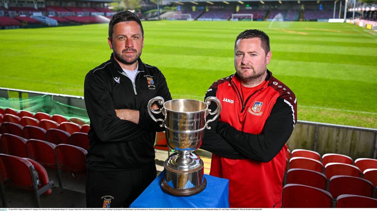 College Corinthians manager Gary Hackett, left, and Ringmahon Rangers manager Aidan Foley at the FAI Intermediate Cup final media day at Turner's Cross. Picture: Brendan Moran/Sportsfile College Corinthians manager Gary Hackett, left, and Ringmahon Rangers manager Aidan Foley at the FAI Intermediate Cup final media day at Turner's Cross. Picture: Brendan Moran/Sportsfile