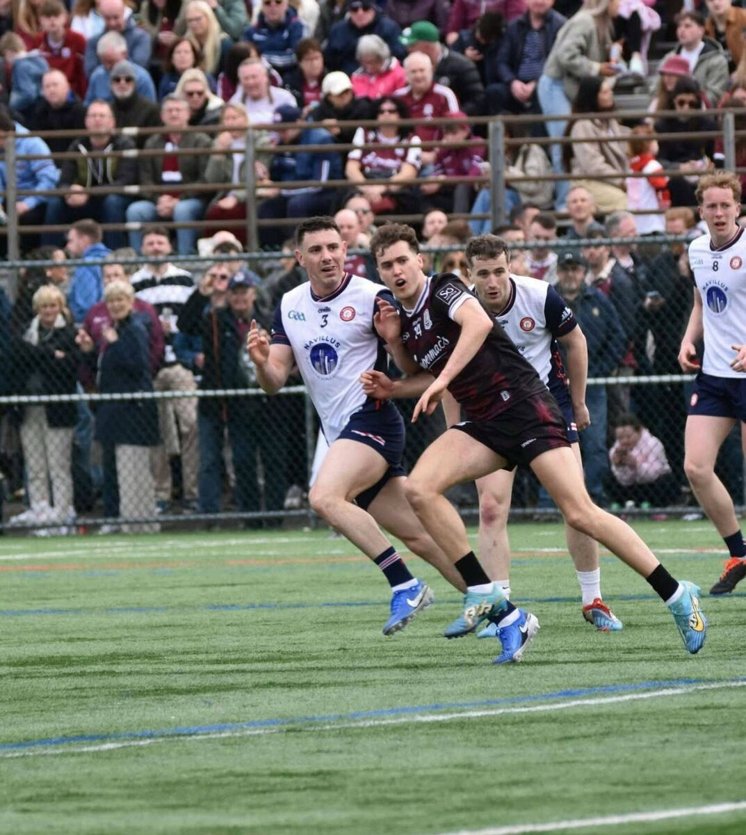 New York's Seán Wilson and Robert Finnerty of Galway battle for the ball recently. New York's Seán Wilson and Robert Finnerty of Galway battle for the ball recently.