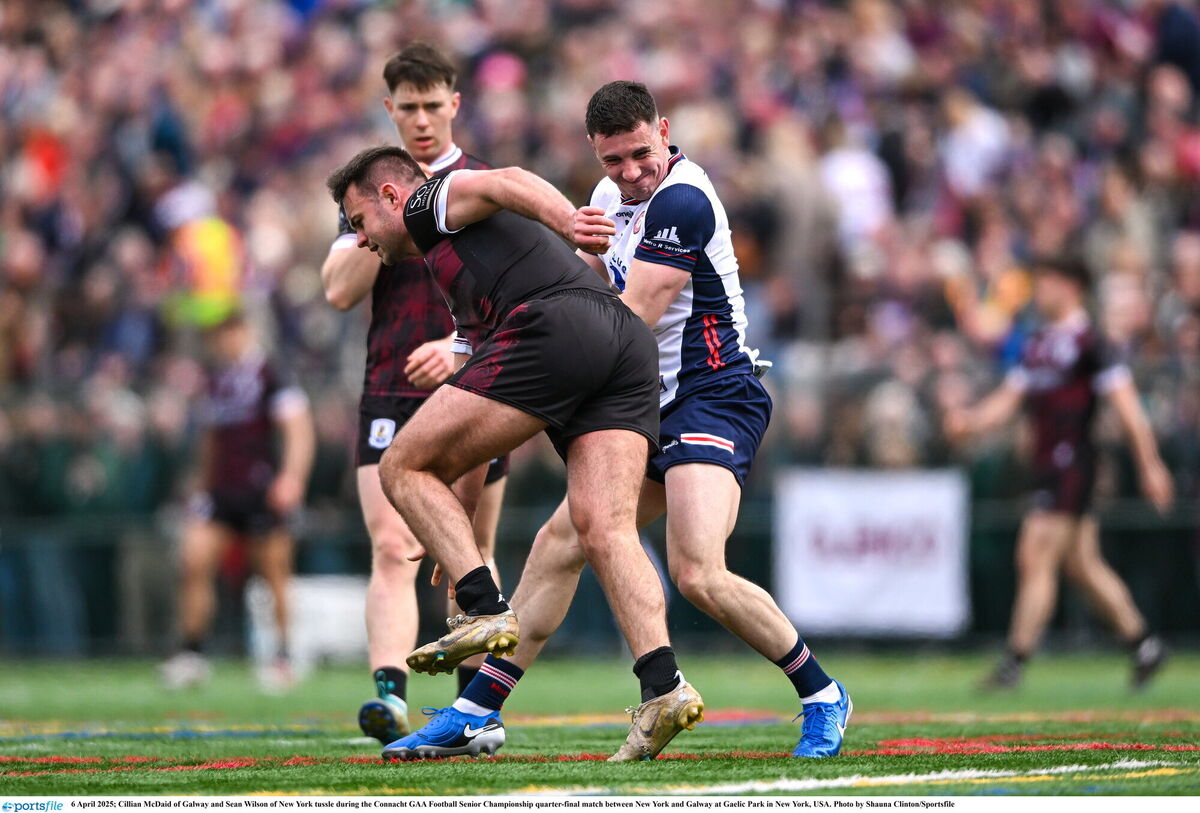 Cillian McDaid of Galway and Seán Wilson of New York tussle for the ball. Picture: Shauna Clinton/Sportsfile Cillian McDaid of Galway and Seán Wilson of New York tussle for the ball. Picture: Shauna Clinton/Sportsfile