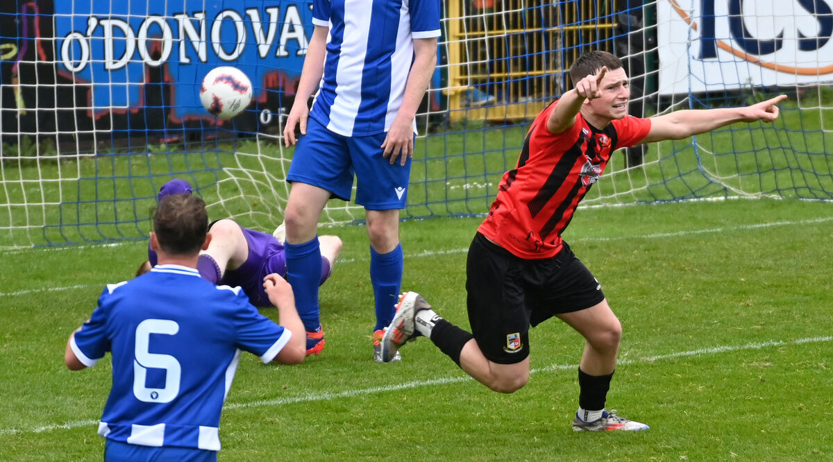 Ringmahon Rangers’ Glenn Towler scores the equaliser against College Corinthians during the FAI Intermediate cup final at Turner’s Cross. Picture: Eddie O’Hare