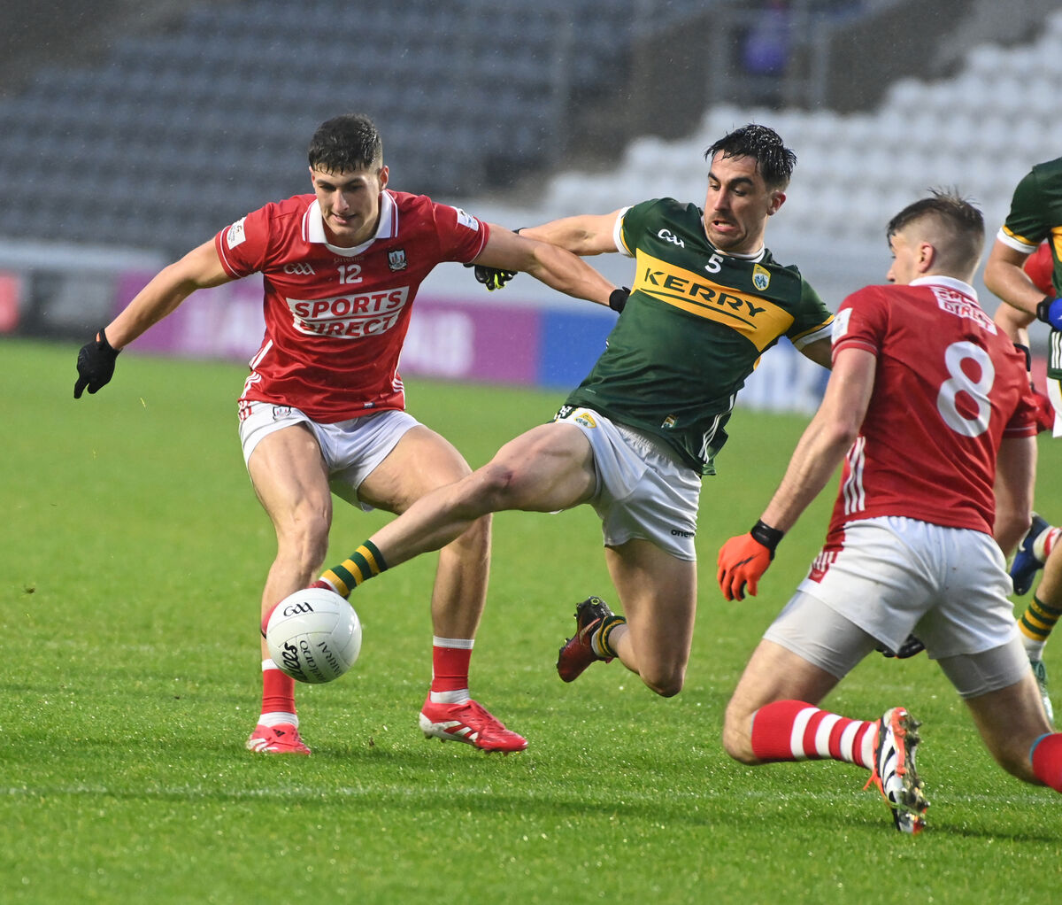 Cork's Seán McDonnell and Ian Maguire combine to stop Kerry's Brian Ó Beaglaoich. Picture: Eddie O'Hare