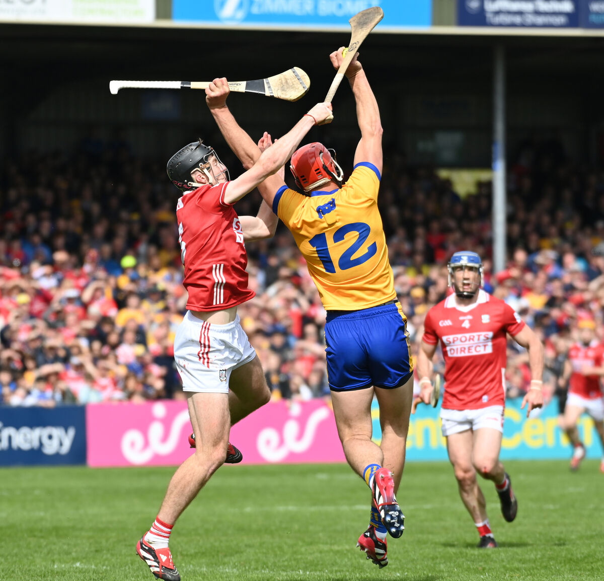 Peter Duggan wins the sliotar from Eoin Downey. Picture: Eddie O'Hare Peter Duggan wins the sliotar from Eoin Downey. Picture: Eddie O'Hare