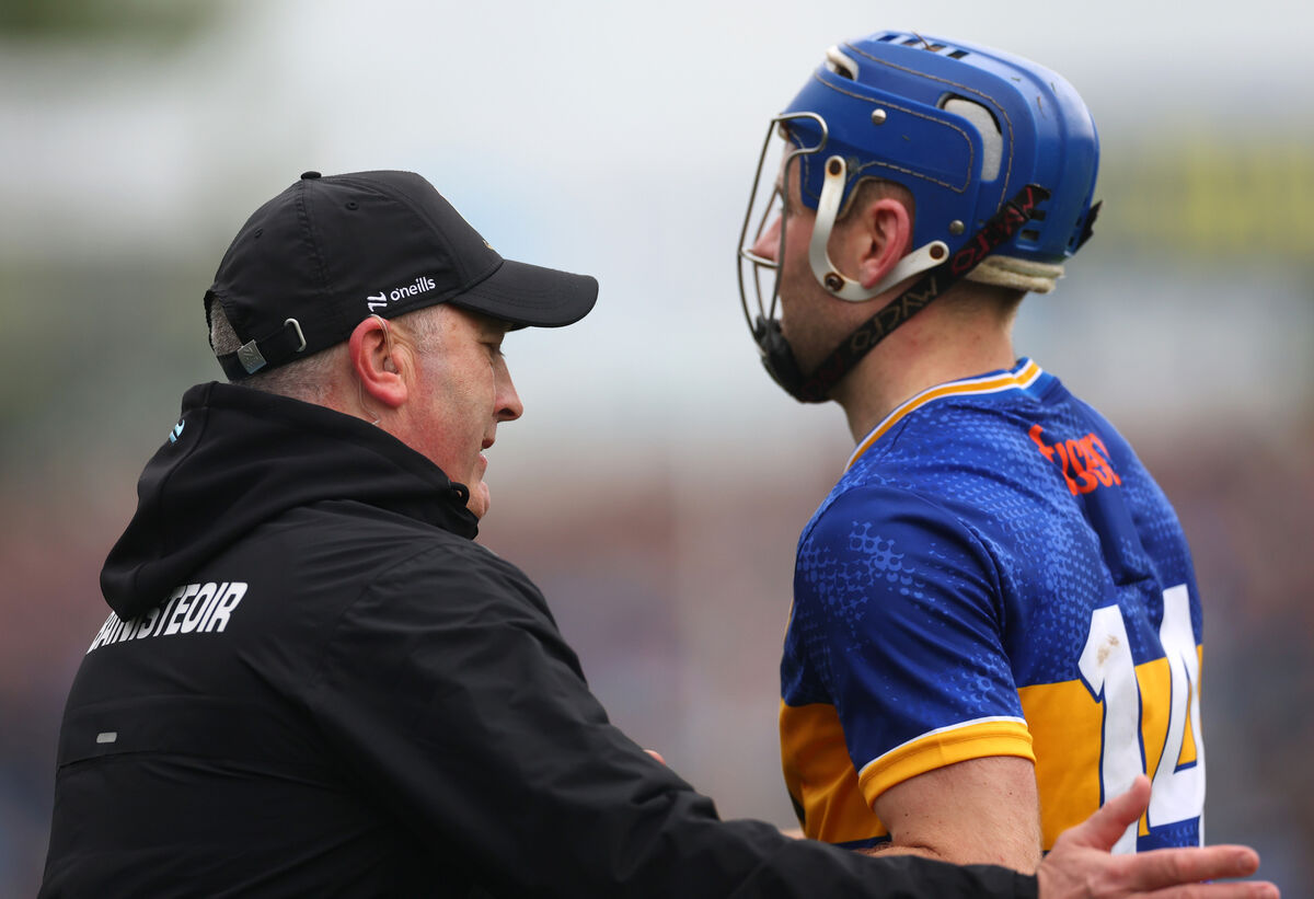 Tipperary’s manager Liam Cahill and John McGrath of Tipperary after the game. Picture: ©INPHO/James Crombie