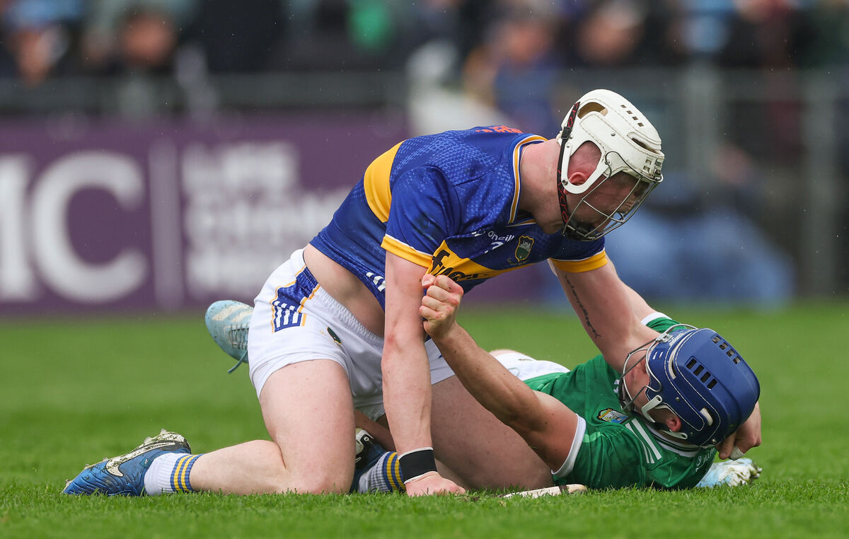 Tempers flare between Tipperary’s Eoghan Connolly and Shane O'Brien of Limerick. Picture: ©INPHO/James Crombie
