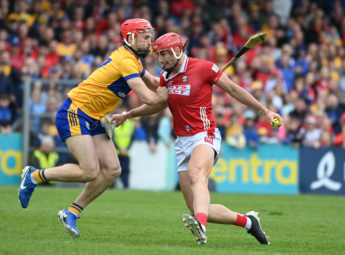 Cork's Brian Hayes takes on Clare's Darragh Lohan during the Munster SHC, Round 1 at Zimmer Biomet Páirc Chíosóg, Ennis. Picture: Eddie O'Hare