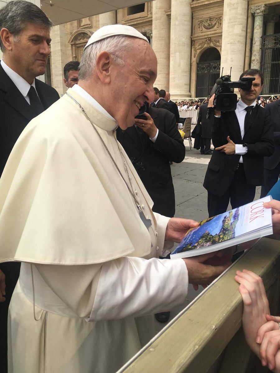 Pope Francis with a copy of Dennis Horgan's book of aerial shots of Cork when it was presented to him by the then Lord Mayor of Cork Cllr Tony Fitzgerald who was on a family visit to Rome in 2018.