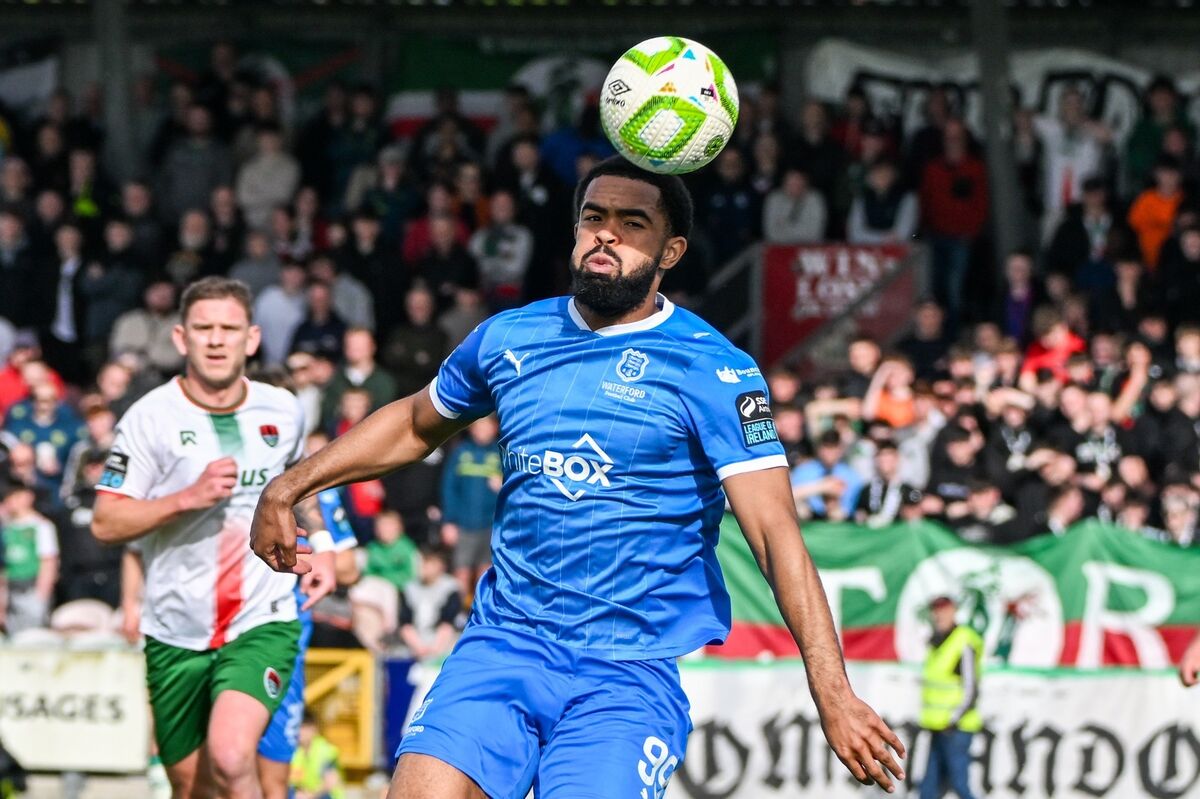 Waterford FC’s James Olayinka rises to head the ball. Picture: Chani Anderson. Waterford FC’s James Olayinka rises to head the ball. Picture: Chani Anderson.