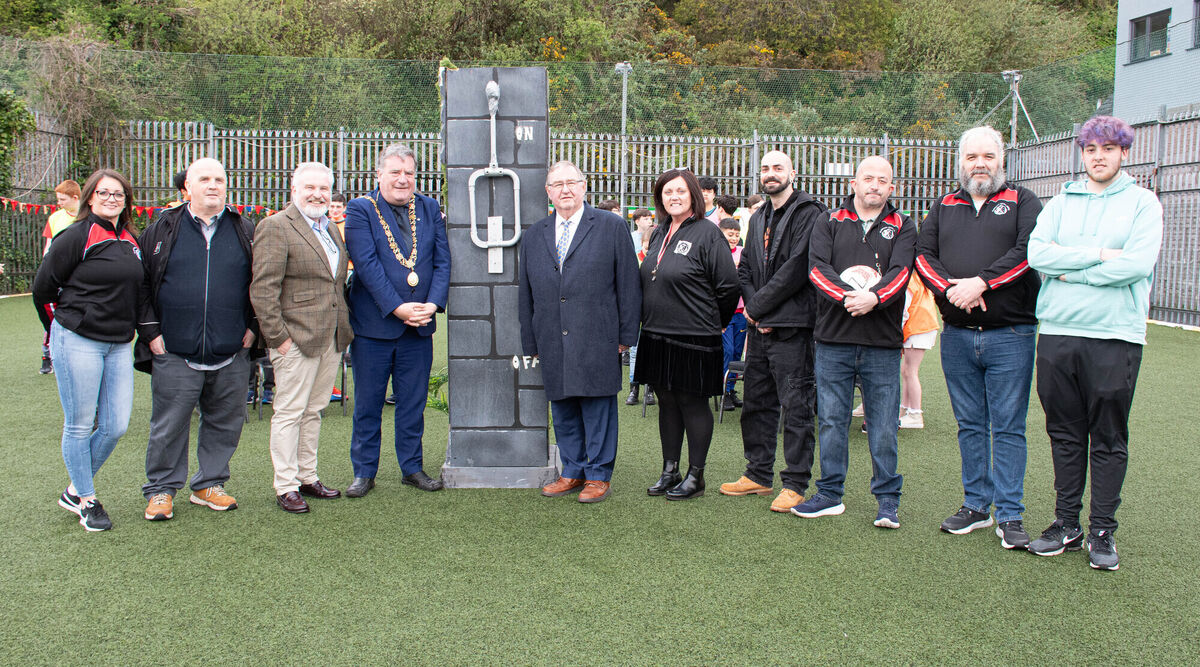 At the switching on of the new floodlights at Blackpool Community Centre recently were Jenny McSweeney, Frank Leahy, Ken O’Flynn TD, Lord Mayor Cllr Dan Boyle, Noel O’Flynn, Ber Daly, Cllr Brian McCarthy, Greg Aherne, Liam O’Rourke and Mark Barry.
