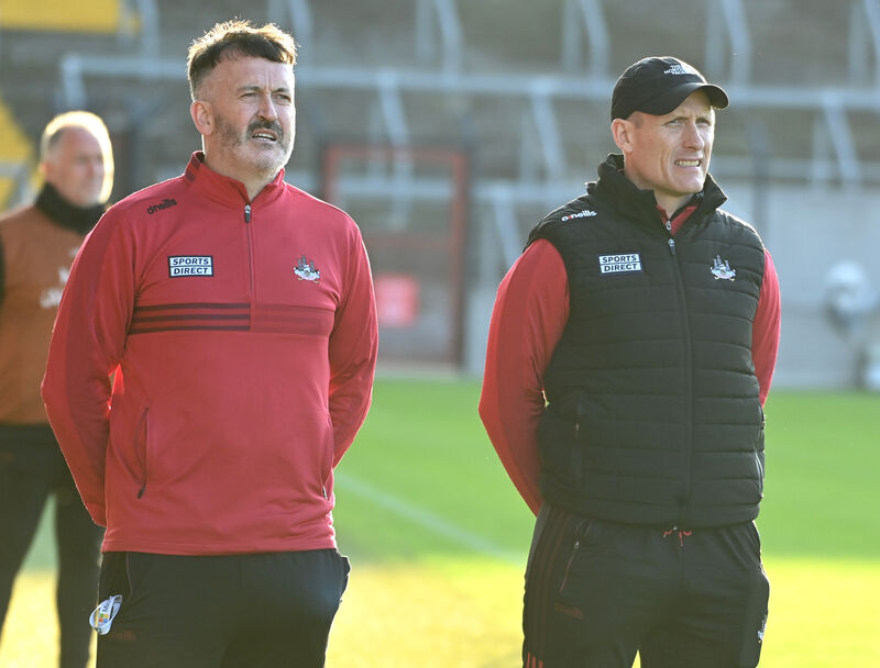 Cork U20 hurling manager Noel Furlong (right), pictured with coach Dónal Óg Cusack before the game against Tipperary. Picture: Eddie O'Hare