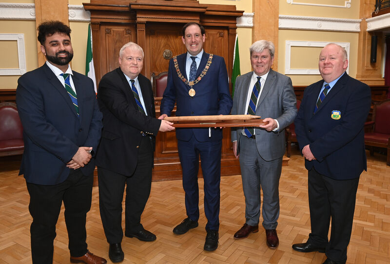 Then Lord Mayor of Cork Cllr Kieran McCarthy from left, Talha Kayoni, treasurer; Mortimer Kelleher, president; Peter Dineen, chairman and Pat Donnelly, secretary at the launch of the Cork County cricket club 150th celebrations at the city hall . Picture: Eddie O'Hare